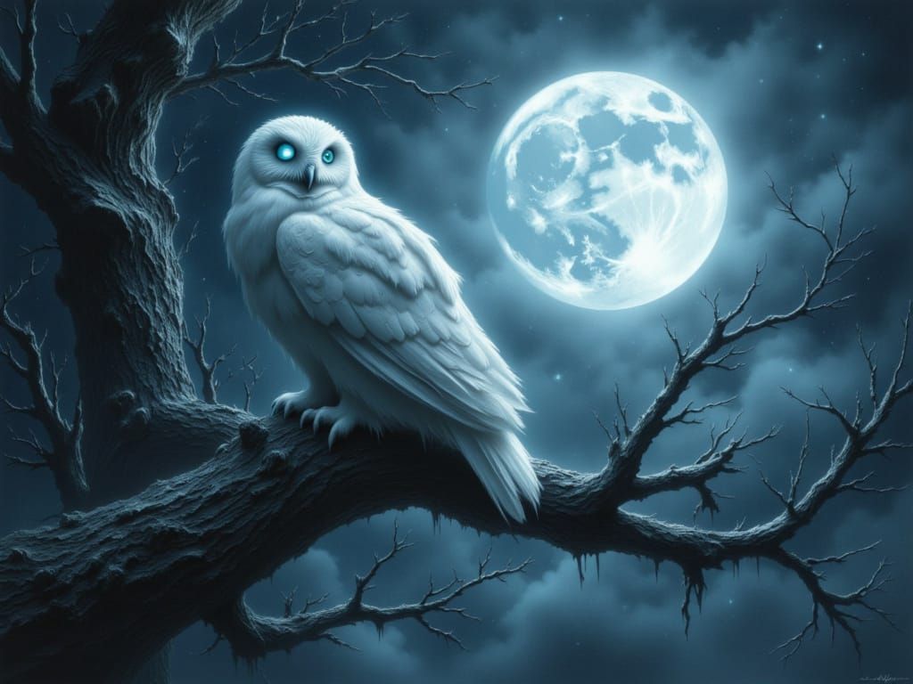 Majestic White Owl Under Ethereal Moonlight