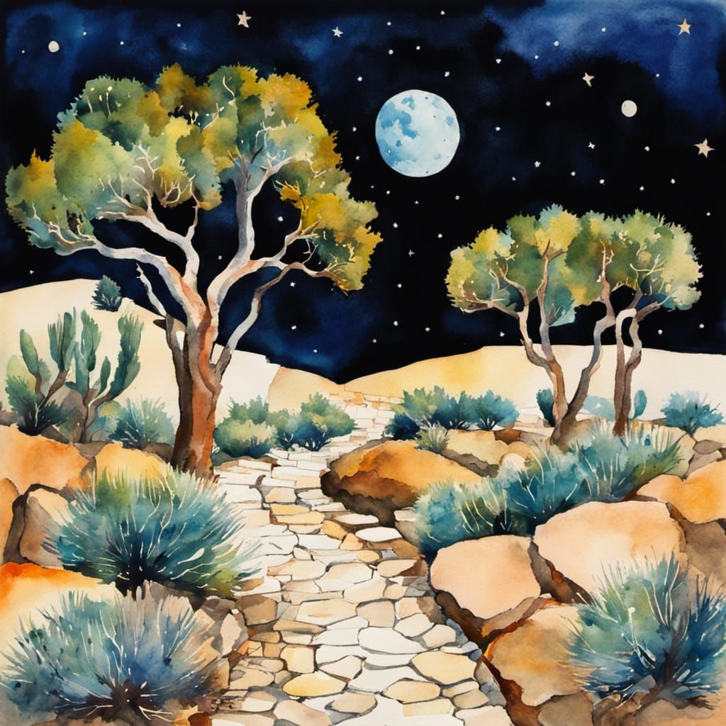 Mediterranean Moonscape with Stone Path in Watercolor Art Br...