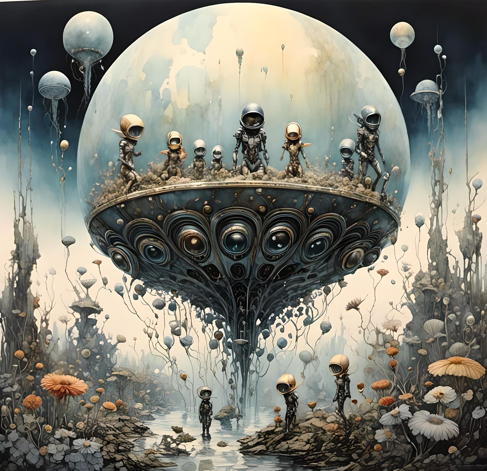 Cute Chibi Aliens Explore Watercolor Alien Landscape