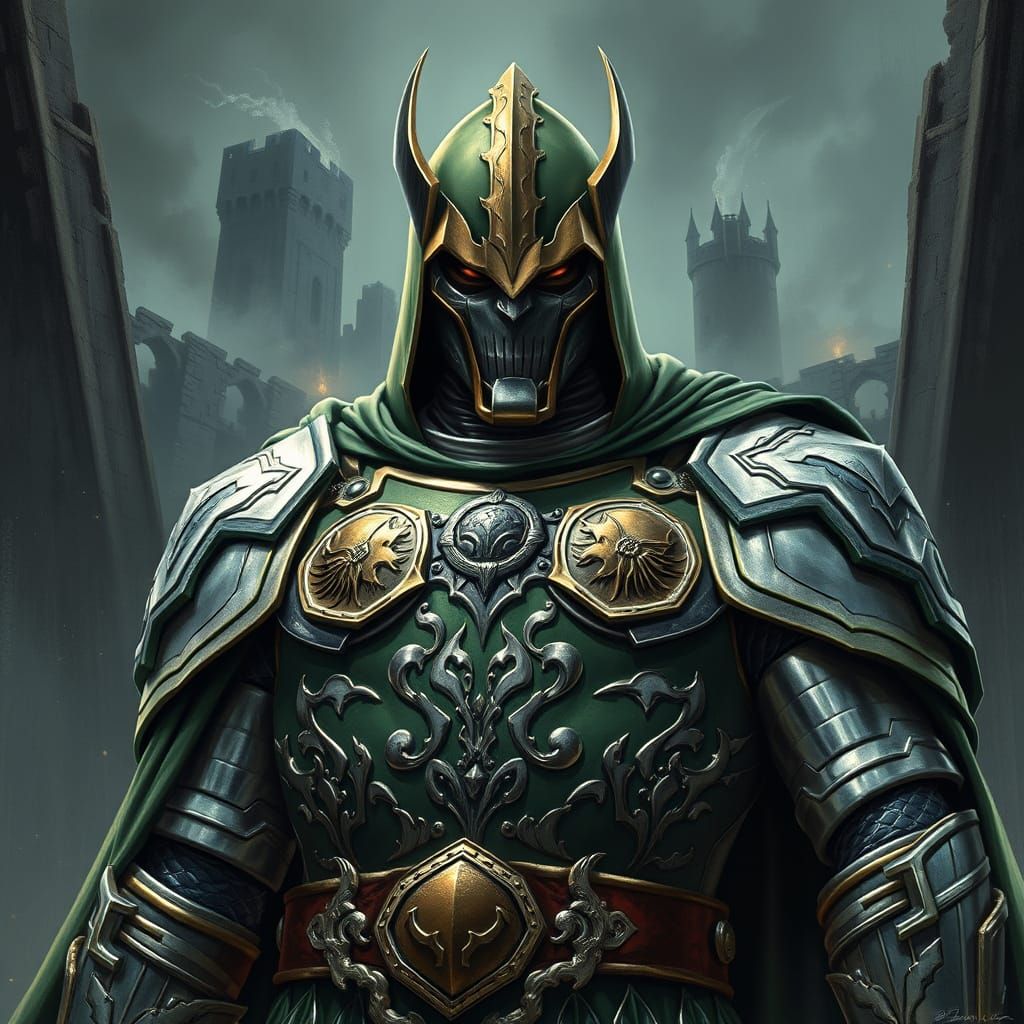 Regal Doctor Doom in Metallic Armor Against Dark Castle Ruin...