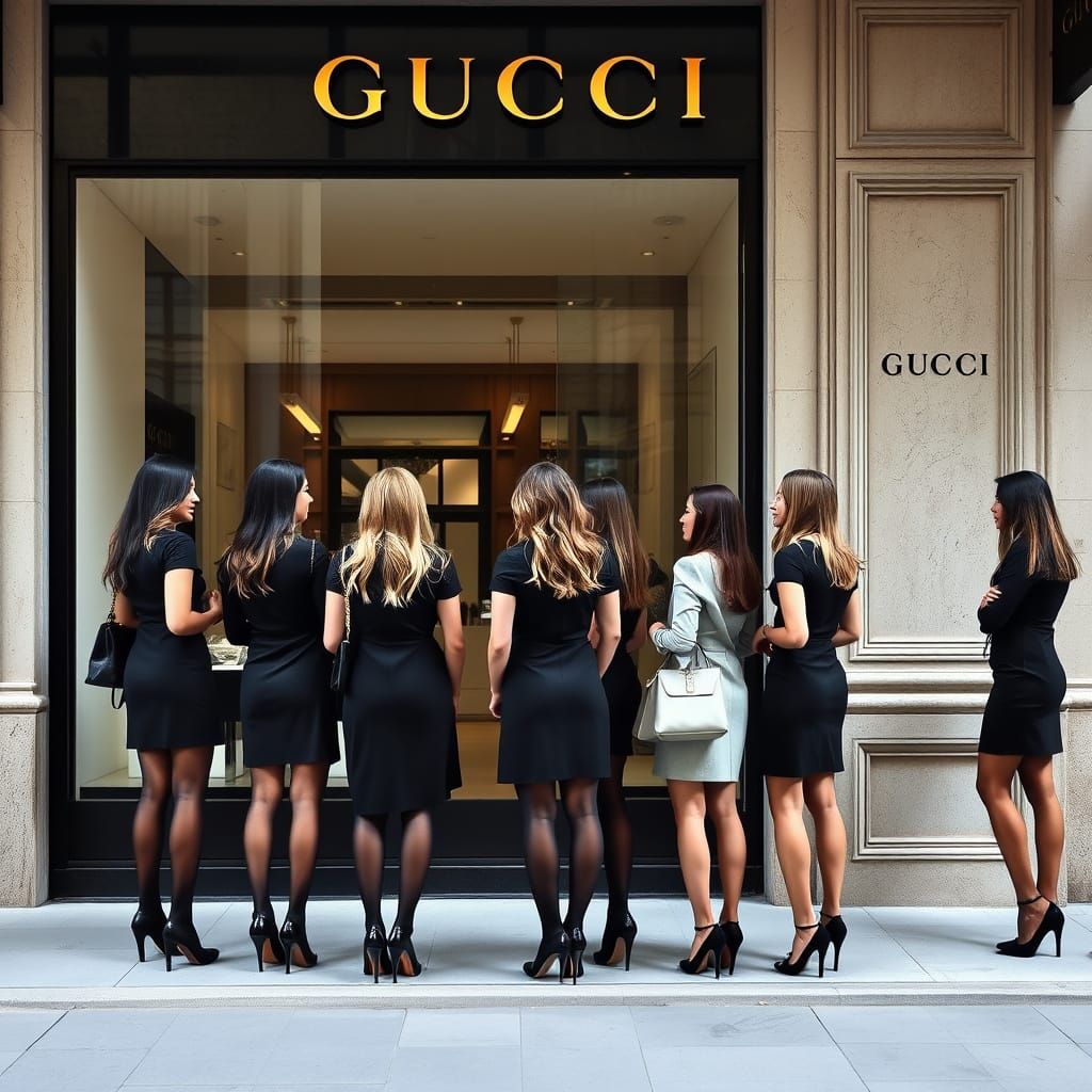 Women Admire Luxury Fashion Outside Gucci Store