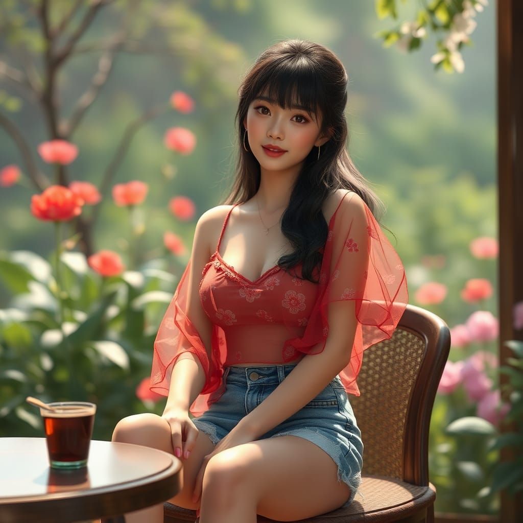 Beautiful Woman in Garden with Cosmos Pattern Top