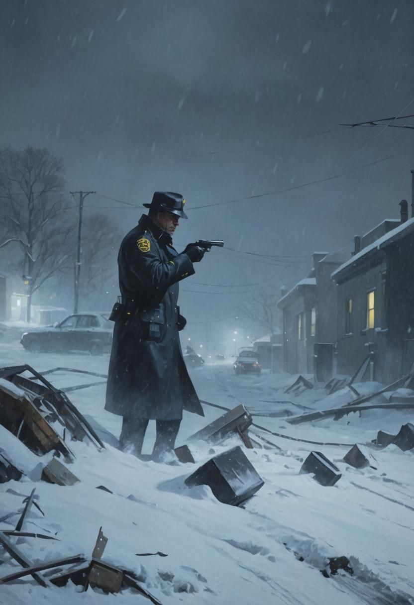 Noir Crime Scene in Snowstorm