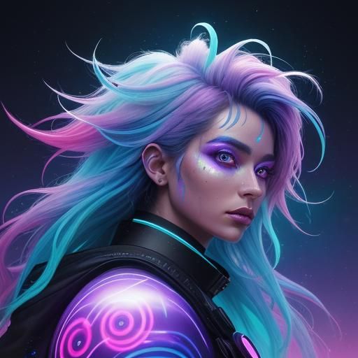 Flamingo-haired Woman in Neon Sci-Fi Cityscape