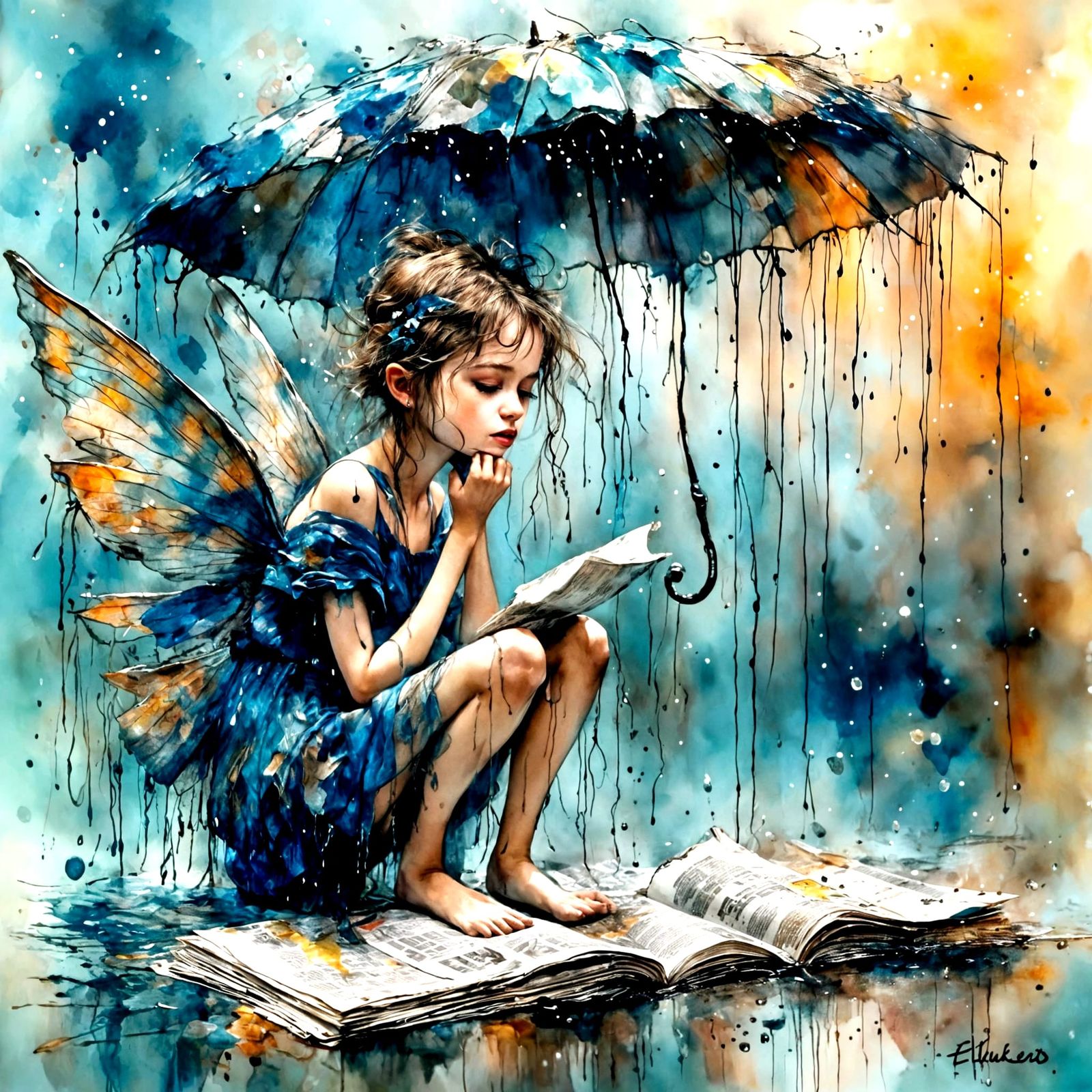 Sad Fairy in Rain, Vintage Illustration Style