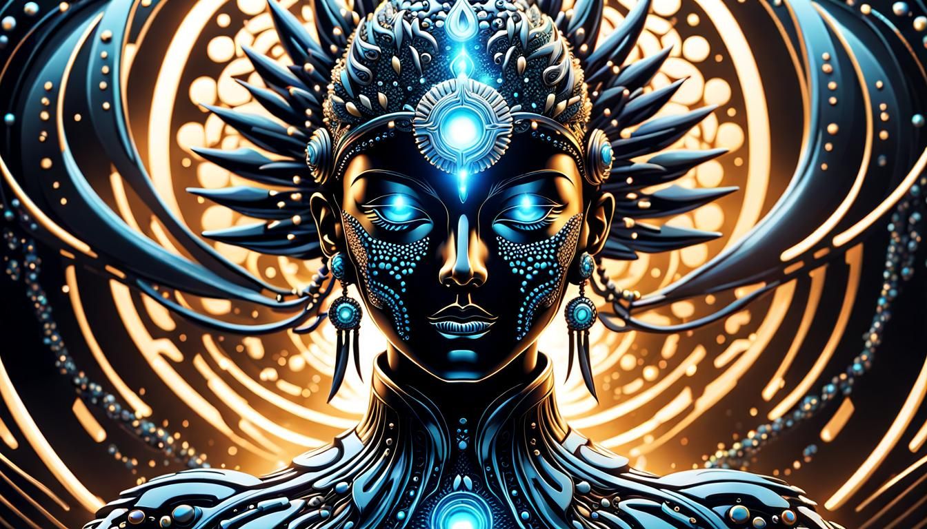 Mystical cyborg rising , intricately wrought from ferrofluid. cinematic lighting, glitter : extreme detail : intricate m...