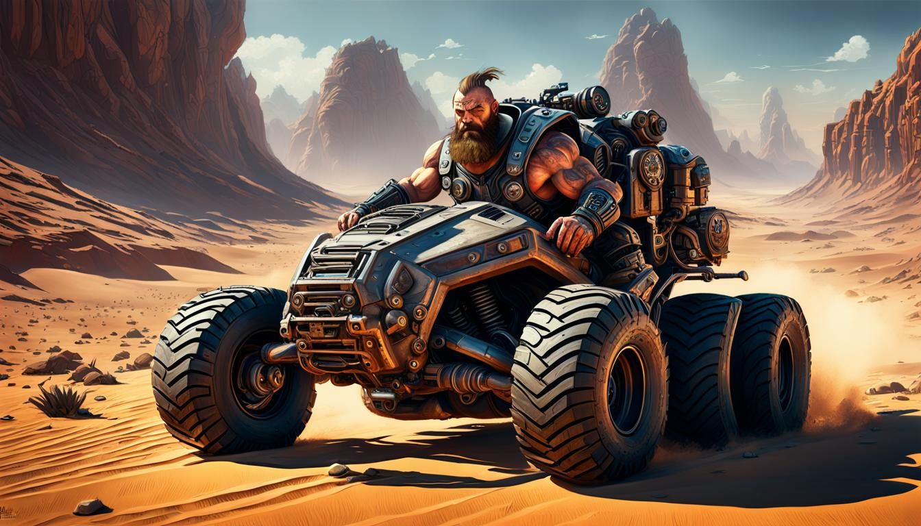 Muscular Sci-Fi Dwarf in Desert Race, Hyperdetailed Art