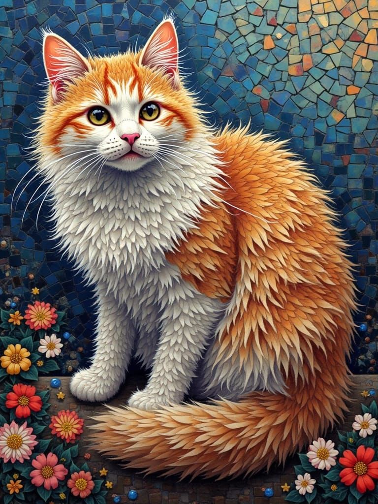 Fluffy Cat in Mosaic Style Art