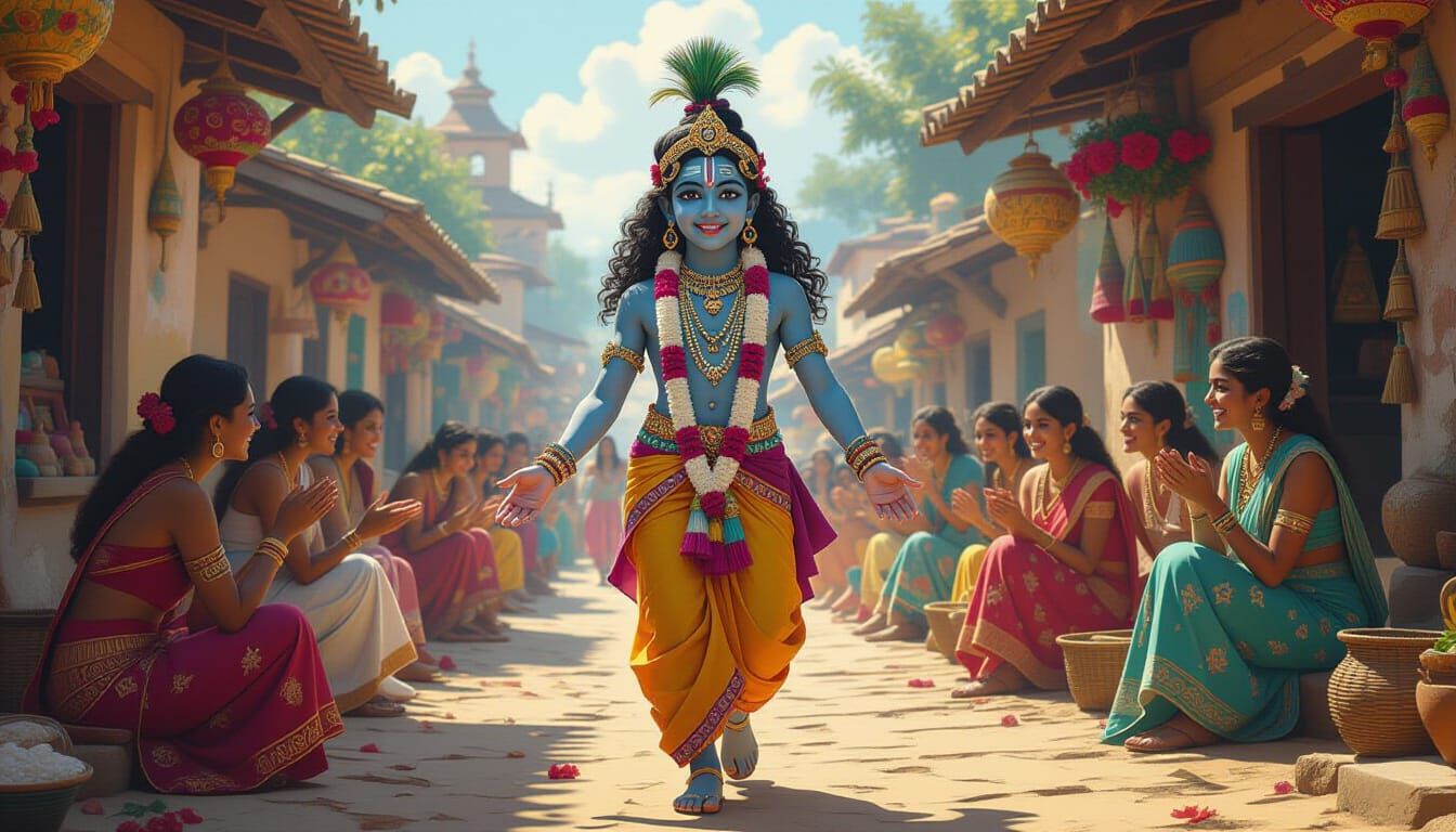 Young Krishna as Bangle Seller in Rich Matte Painting