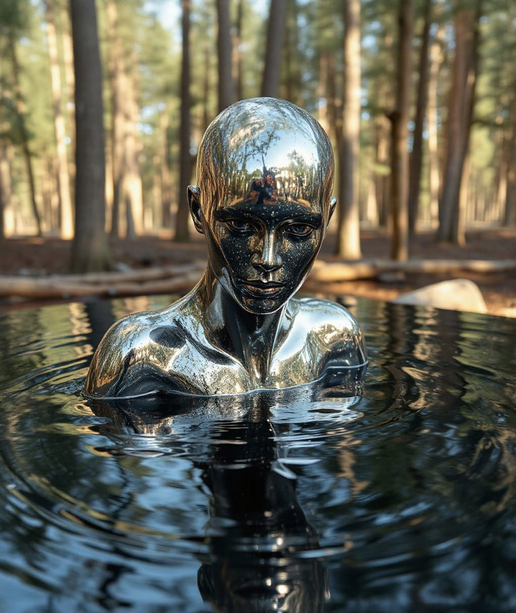 Liquid Chrome Figure Rises from Dark Pool in Larch Grove
