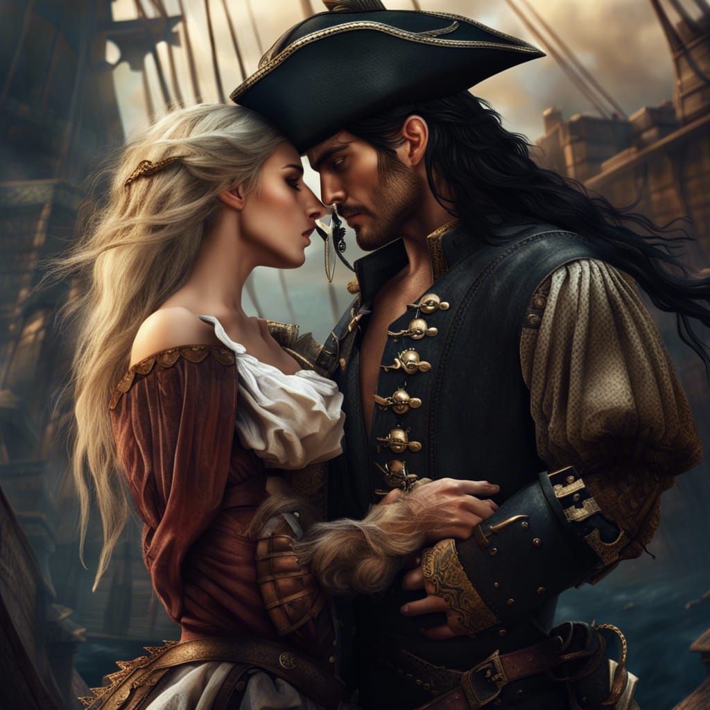 Passionate Pirate Couple Kiss in Detailed Fantasy Art