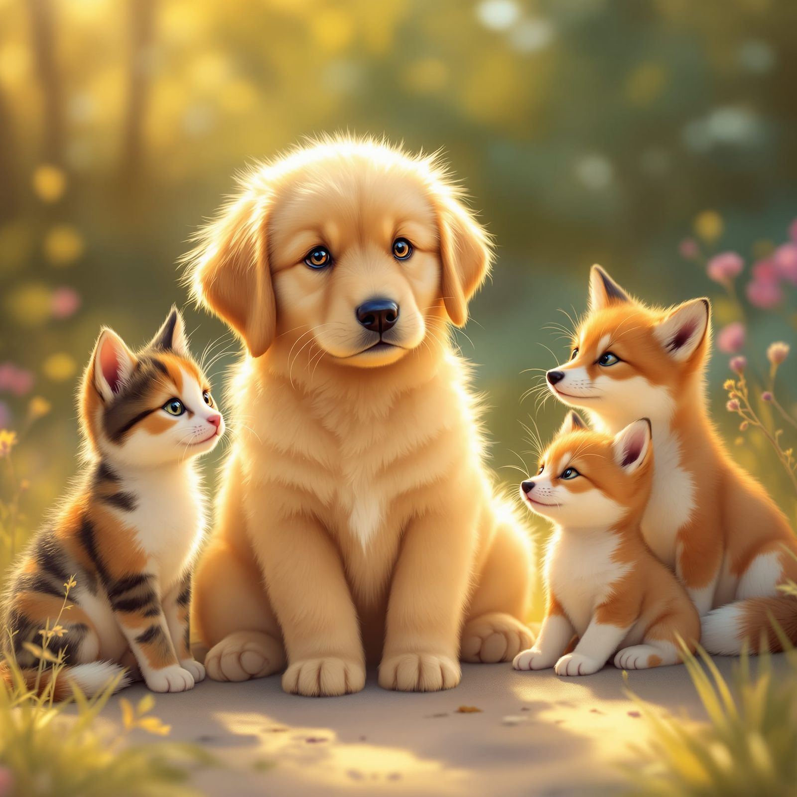 Cute Puppy With Kitten and Wolf & Fox Cubs in Golden Hour