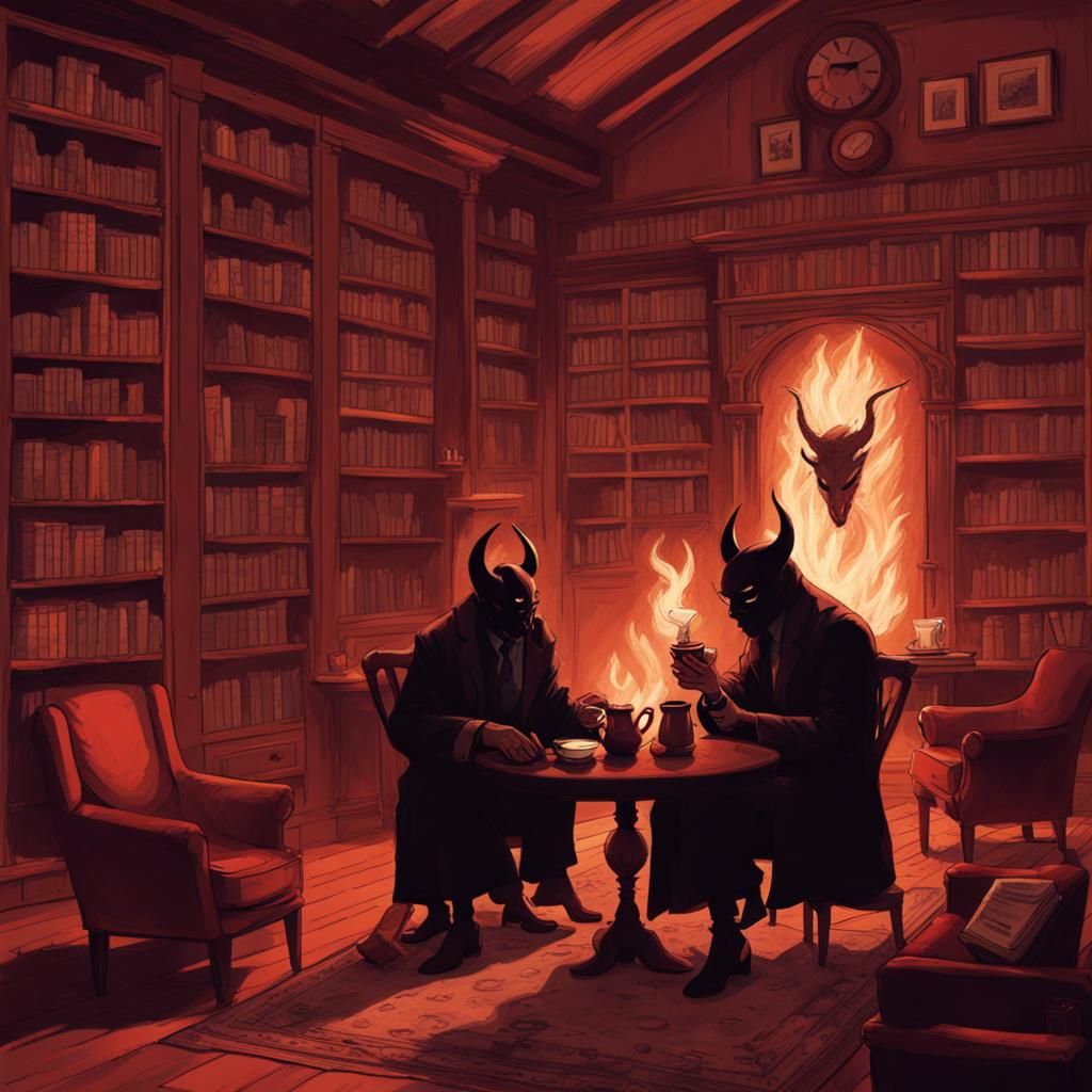Satan Sipping Tea in a Cozy Library