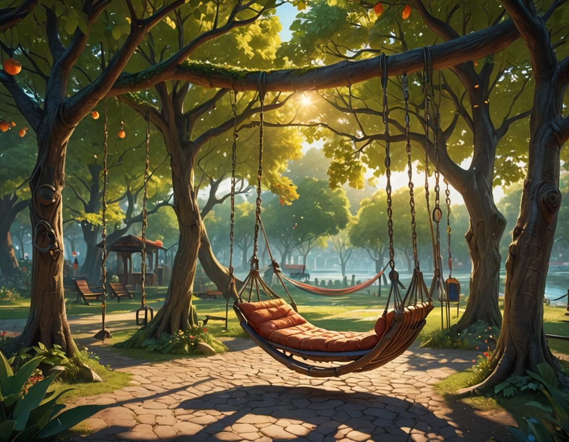 Fantasy Scene with Swings, Benches and Hammocks