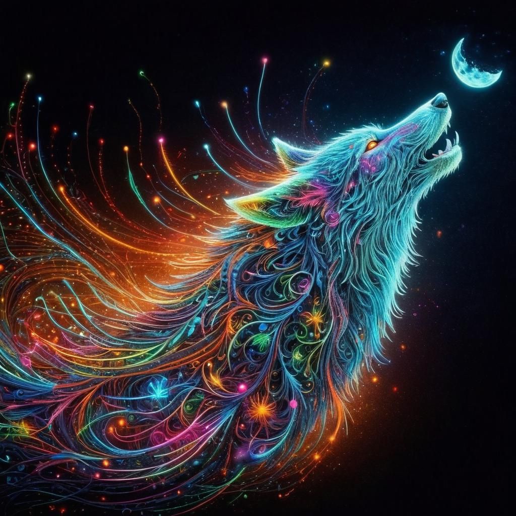 Masterpiece, ignoble representation, a pure dark background, a radiant, luminous one made up of various Neon colored wol...