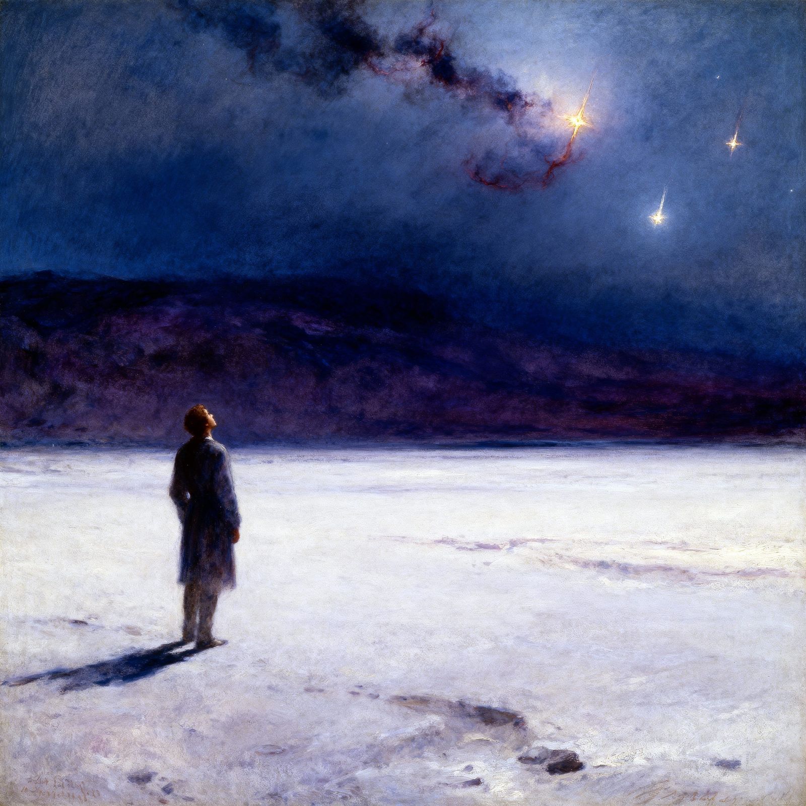 Romanticism Masterpiece: Figure Gazes at Dying Stars