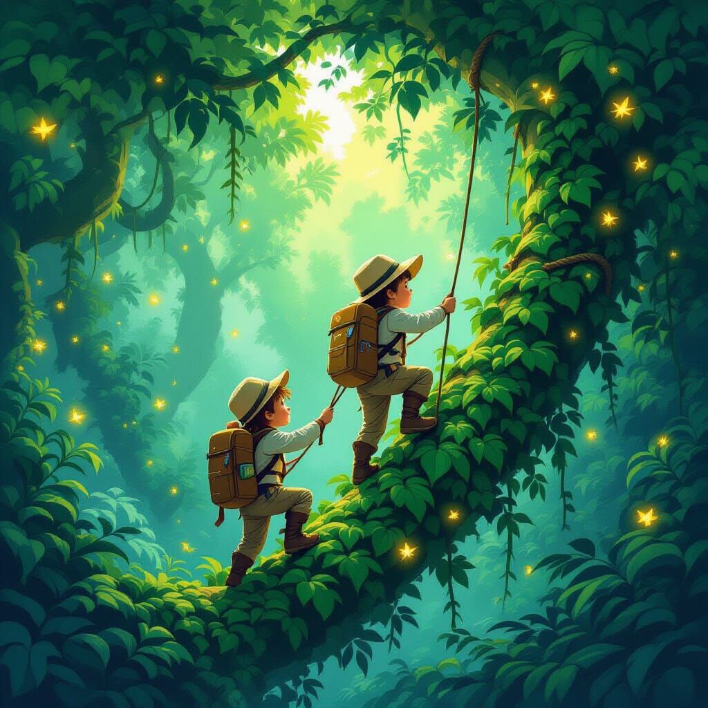 Kids Climb Giant Vine in Magical Forest, Comic Book Style