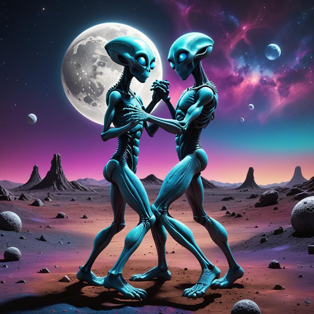 Alien Couple Dancing on the Moon in 3D