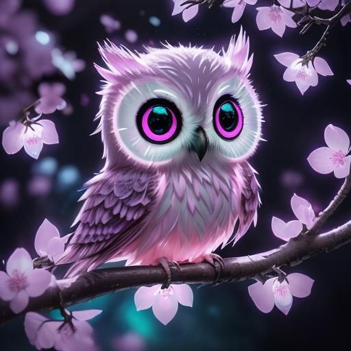 Neon Sakura Owl: Surreal Close-Up Photography