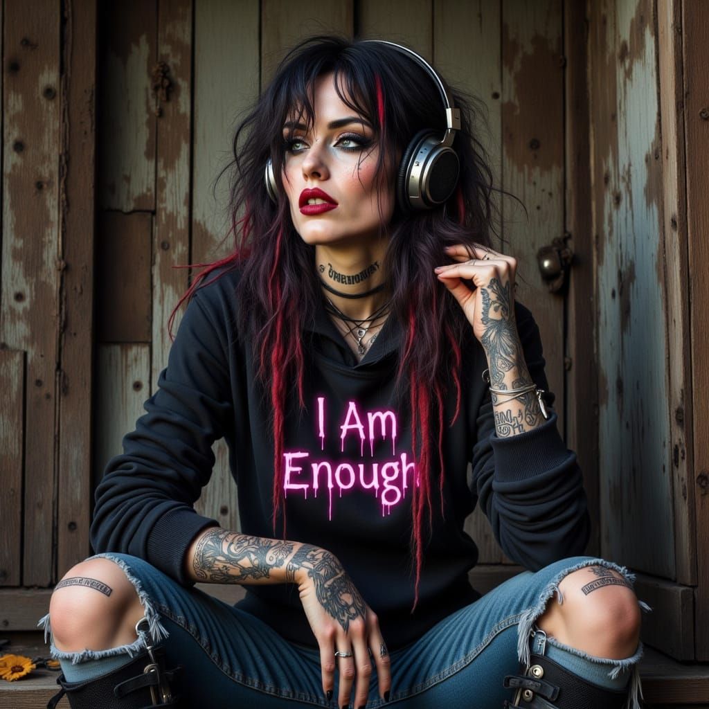 Dark Fantasy Woman in Eclectic Attire, Amidst Crumbling Cabi...