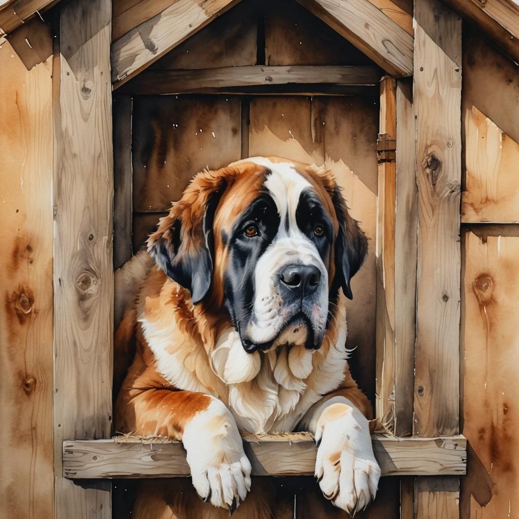 Watercolor St Bernard Dog in Doghouse