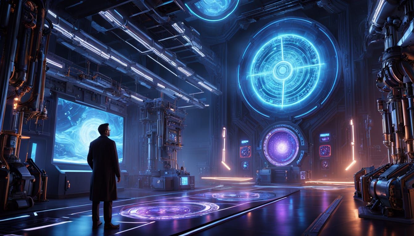 Scientist Studies Energy Matrix in Neon Sci-Fi Lab