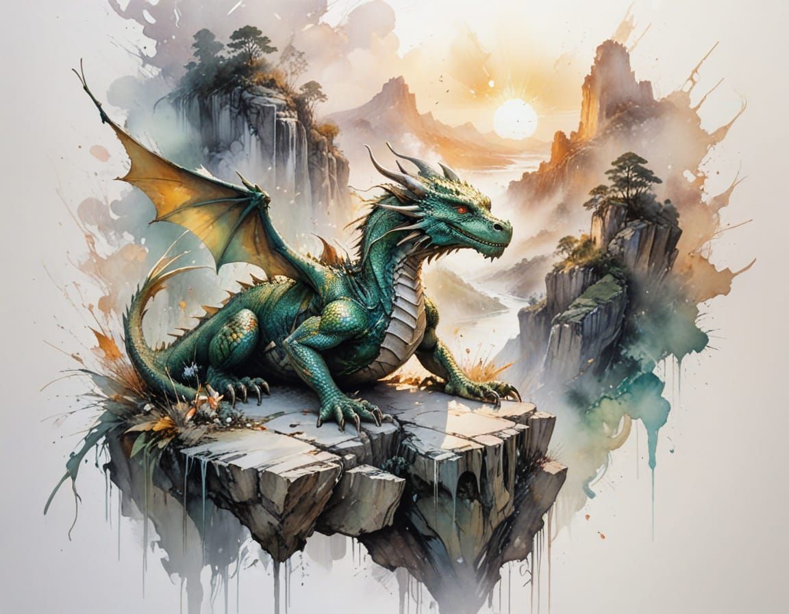 Emerald Dragon Rests on Cliff Overlooking Misty Valley