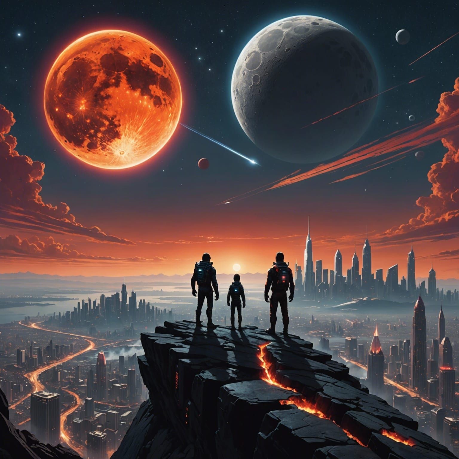 Cosmic Cityscape with Figures and Spaceship