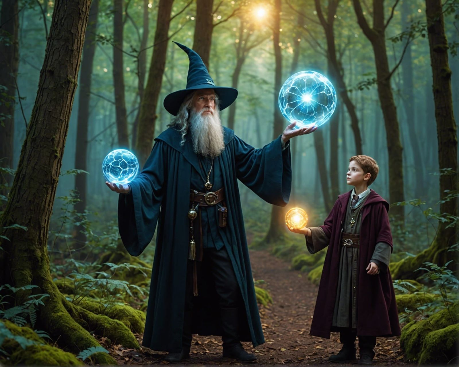 Elegant Wizard and Apprentice with Magical Orb