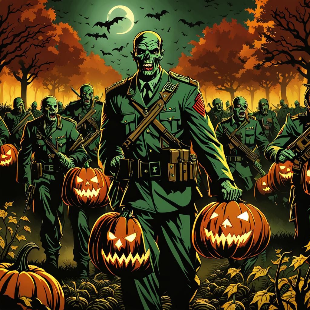 Zombie Army Marching Through Pumpkin Field