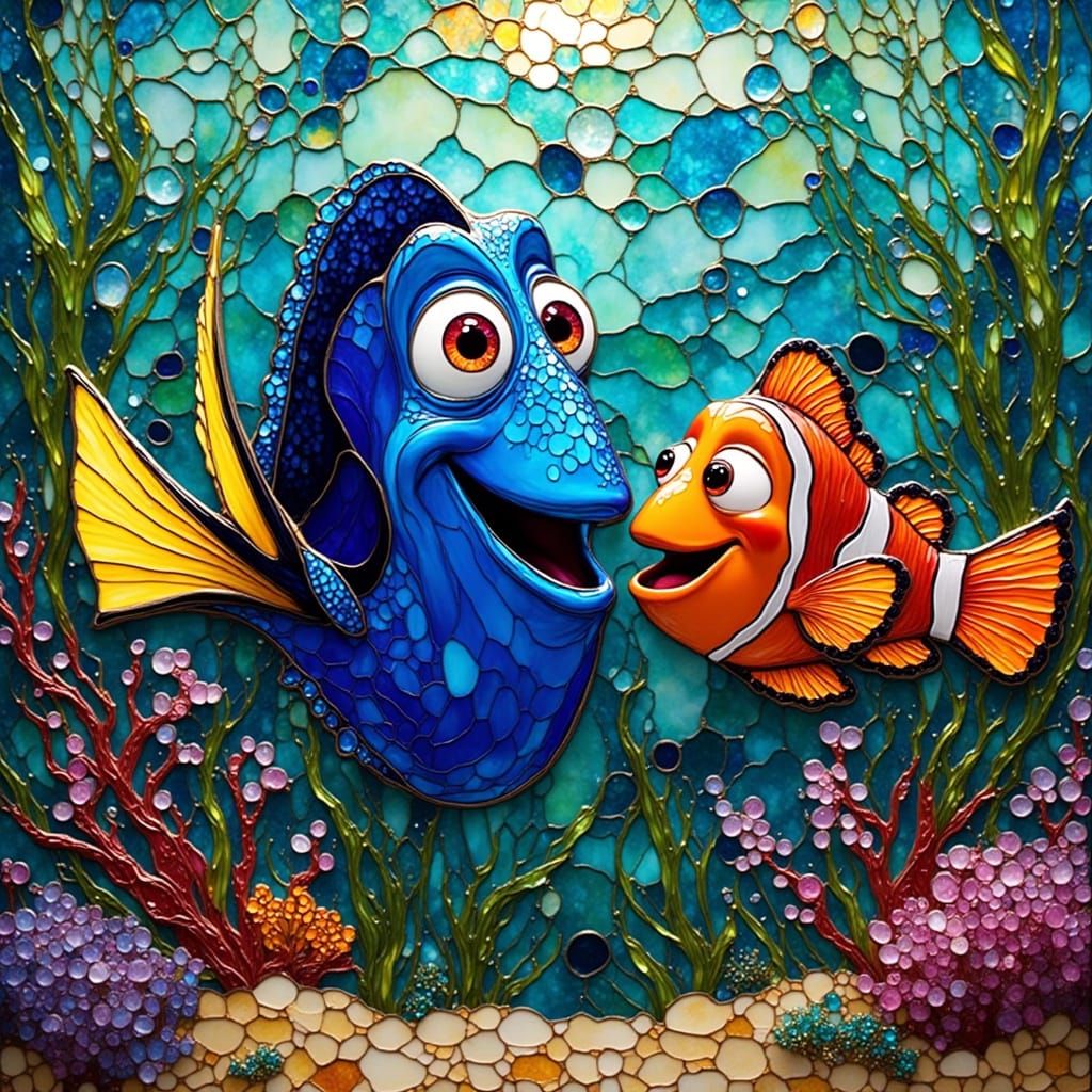 Finding Nemo Characters in Vibrant Stone Glass Mosaic Art