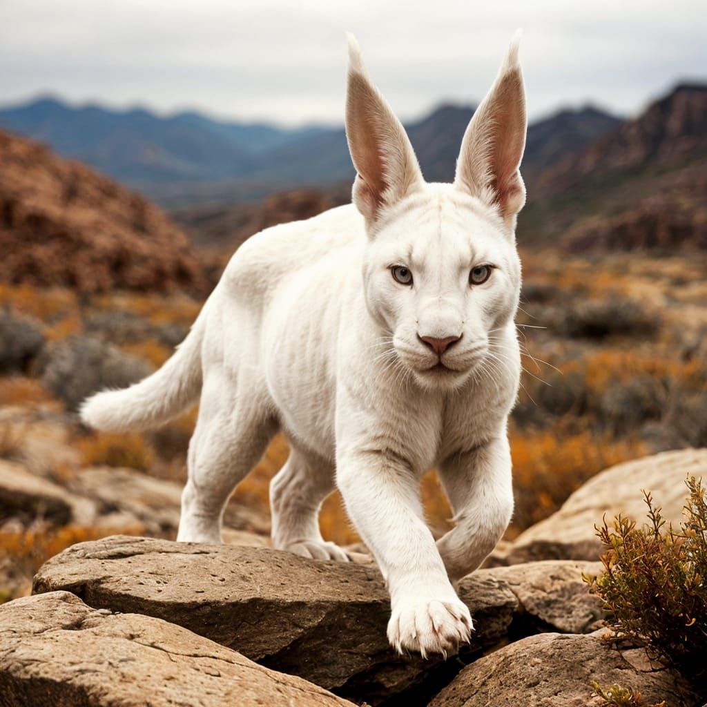 A long-eared hybrid of a white panther and a white rabbit in...