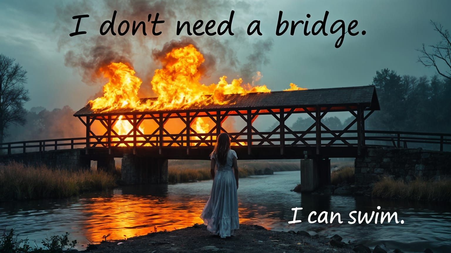 Young Woman Defies Burning Bridge in Country Setting