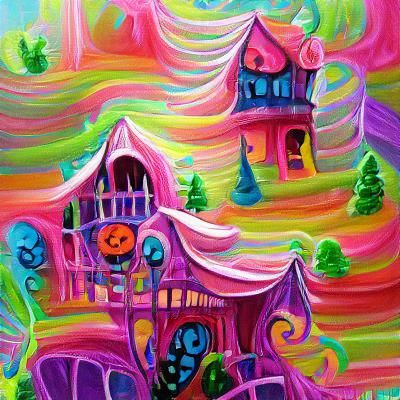 Colorful Haunted House in Gouache Style