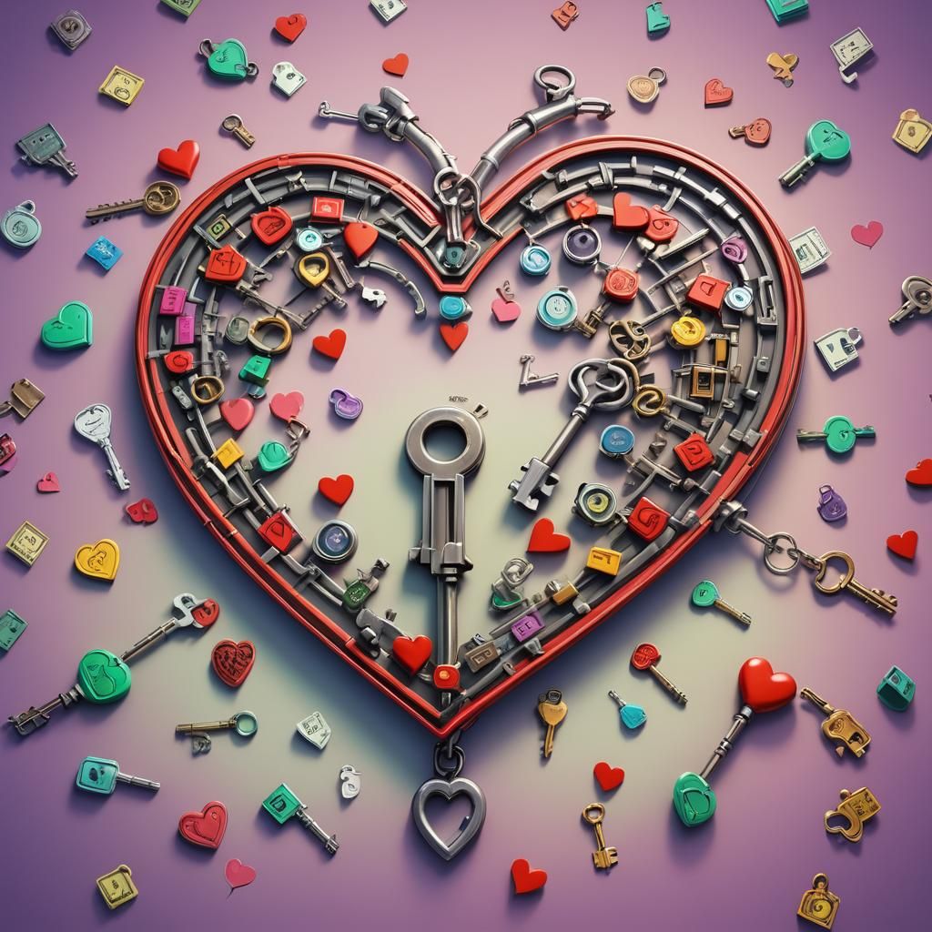 Keys Lock Away Giant Heart: 3D Digital Art