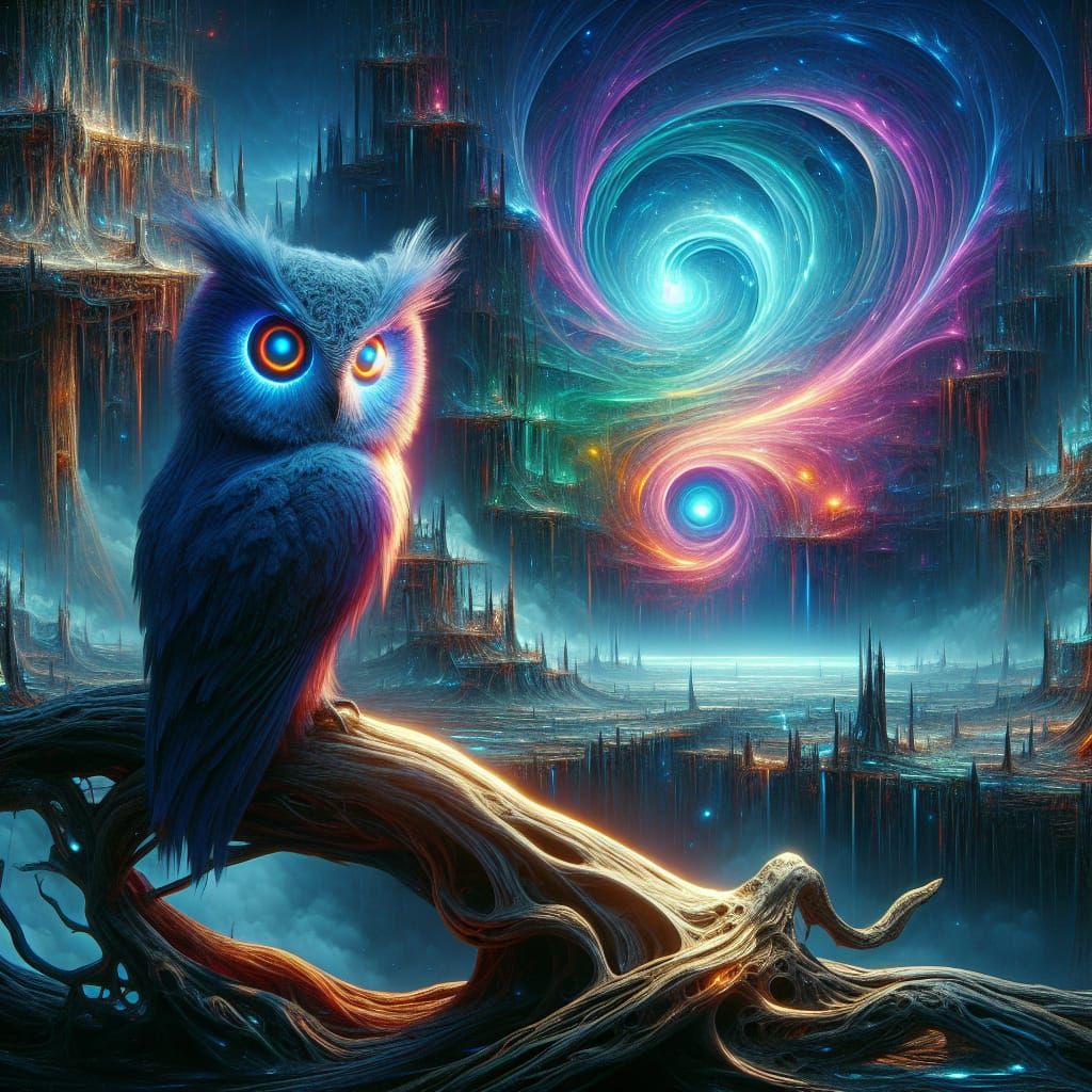 Neon-Eyed Owl Perched in Decaying Forest