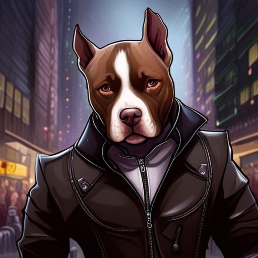 Pitbull wearing leather jacket in city
