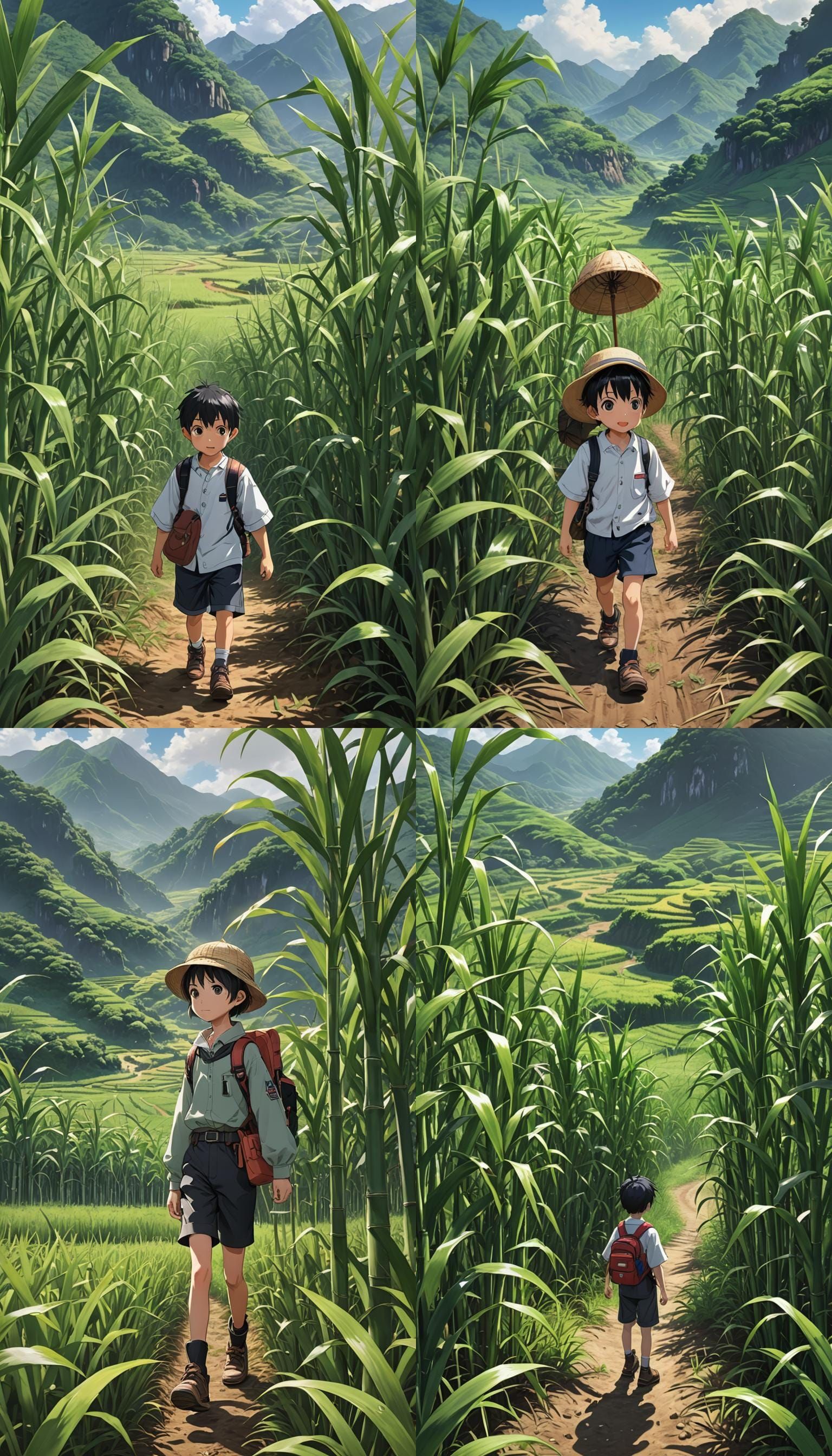 Anime Child in Sugarcane Field with Mountain View