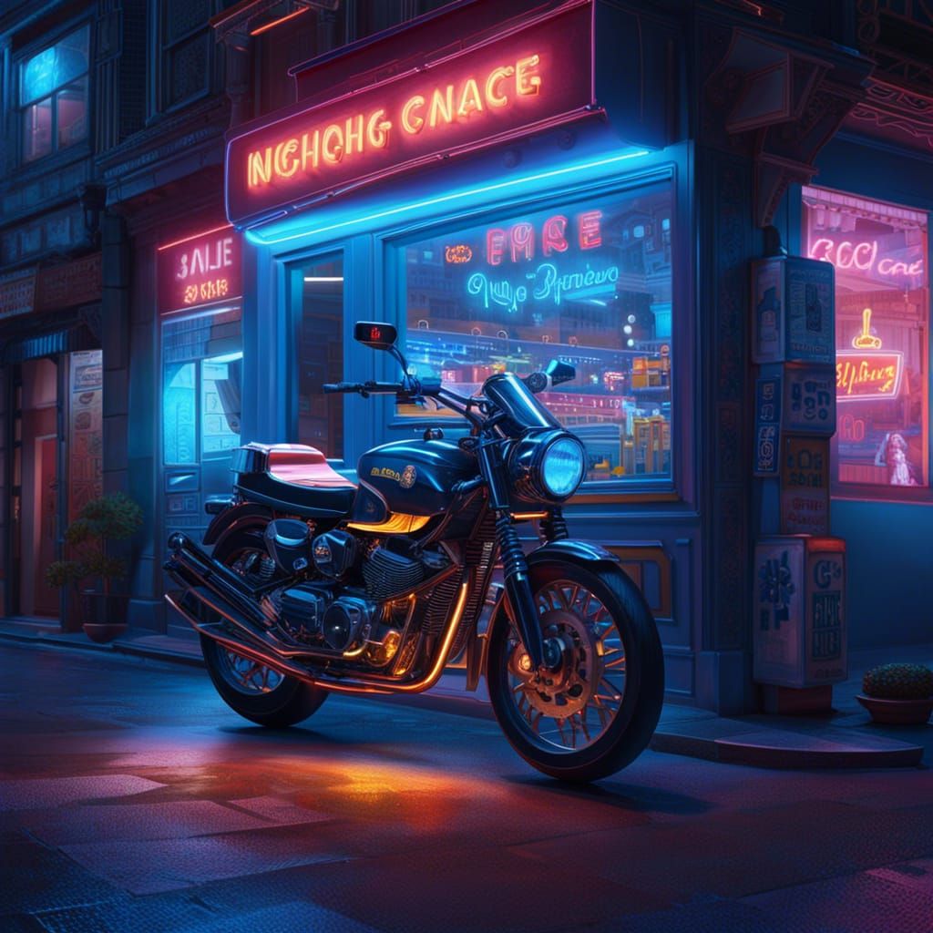 Cosmic Neon Motorbike in Moonlit Cityscape