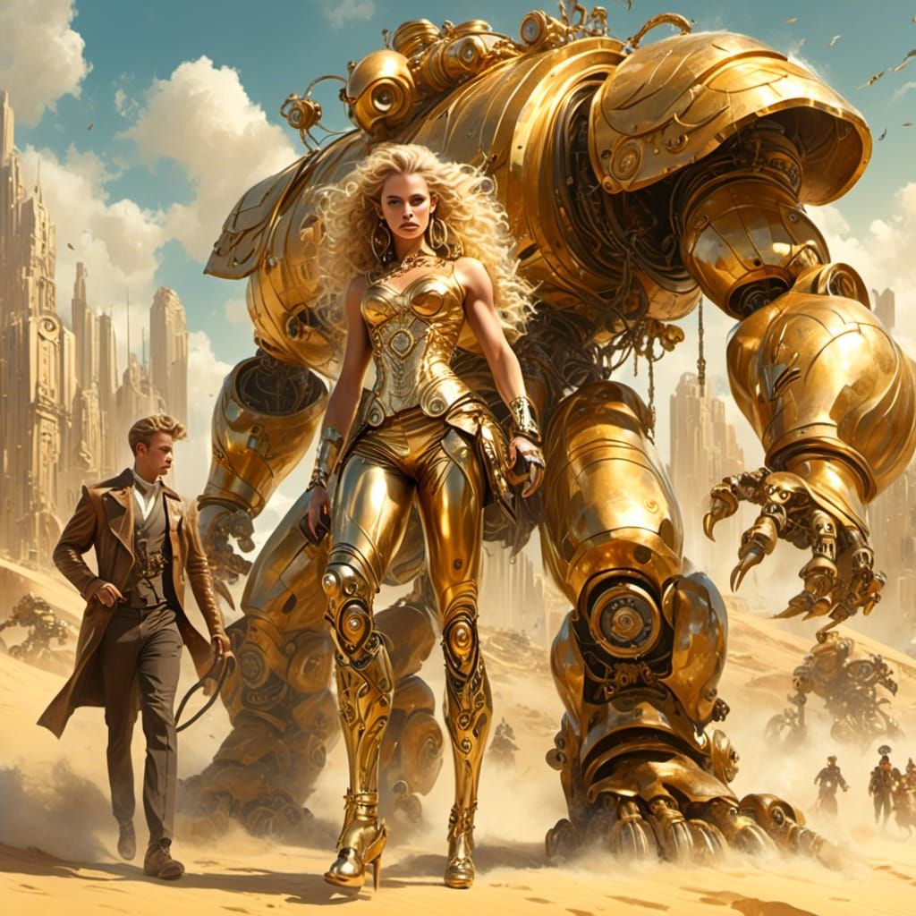 A GOLDEN STEAMPUNK FANTASY  INSPIRED BY A GREEK MIYTH (JASON, MEDEA, AND THE MECHANIC GUARDIAN OF THE GOLDEN FLEECE)