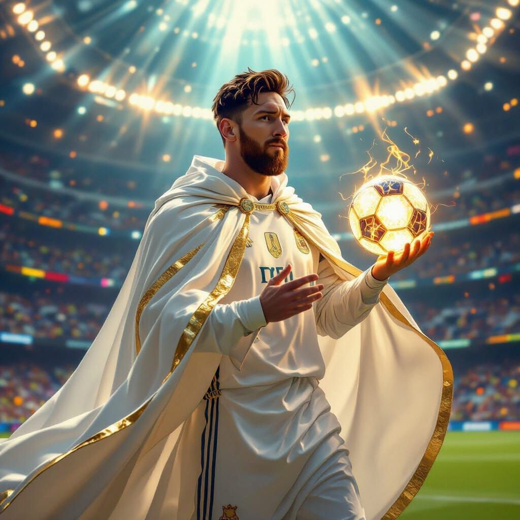 Lionel Messi as a Soccer Deity in Dreamlike Stadium