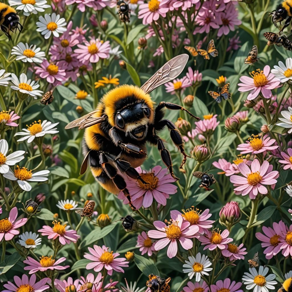 Bumblebee with Googly Eyes in a Blossom Garden