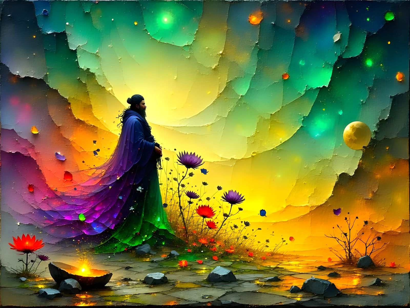 Father Time Through the Seasons in Vibrant Cosmic Bloom