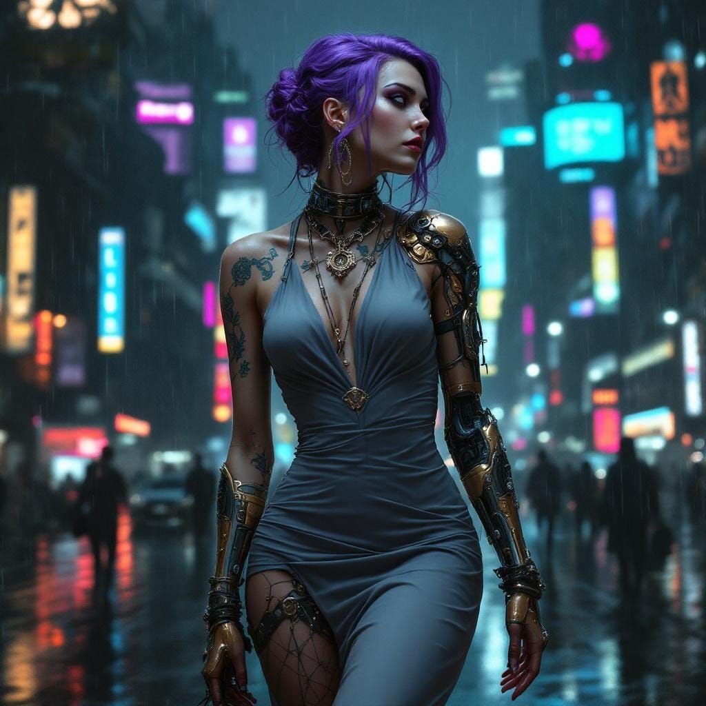 Cyberpunk Cyborg in Rainy Cityscape with Neon Tattoos