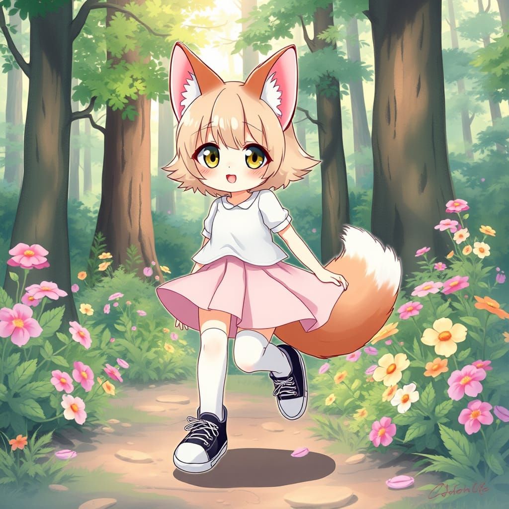 Whimsical Anime Neko Girl in Serene Forest