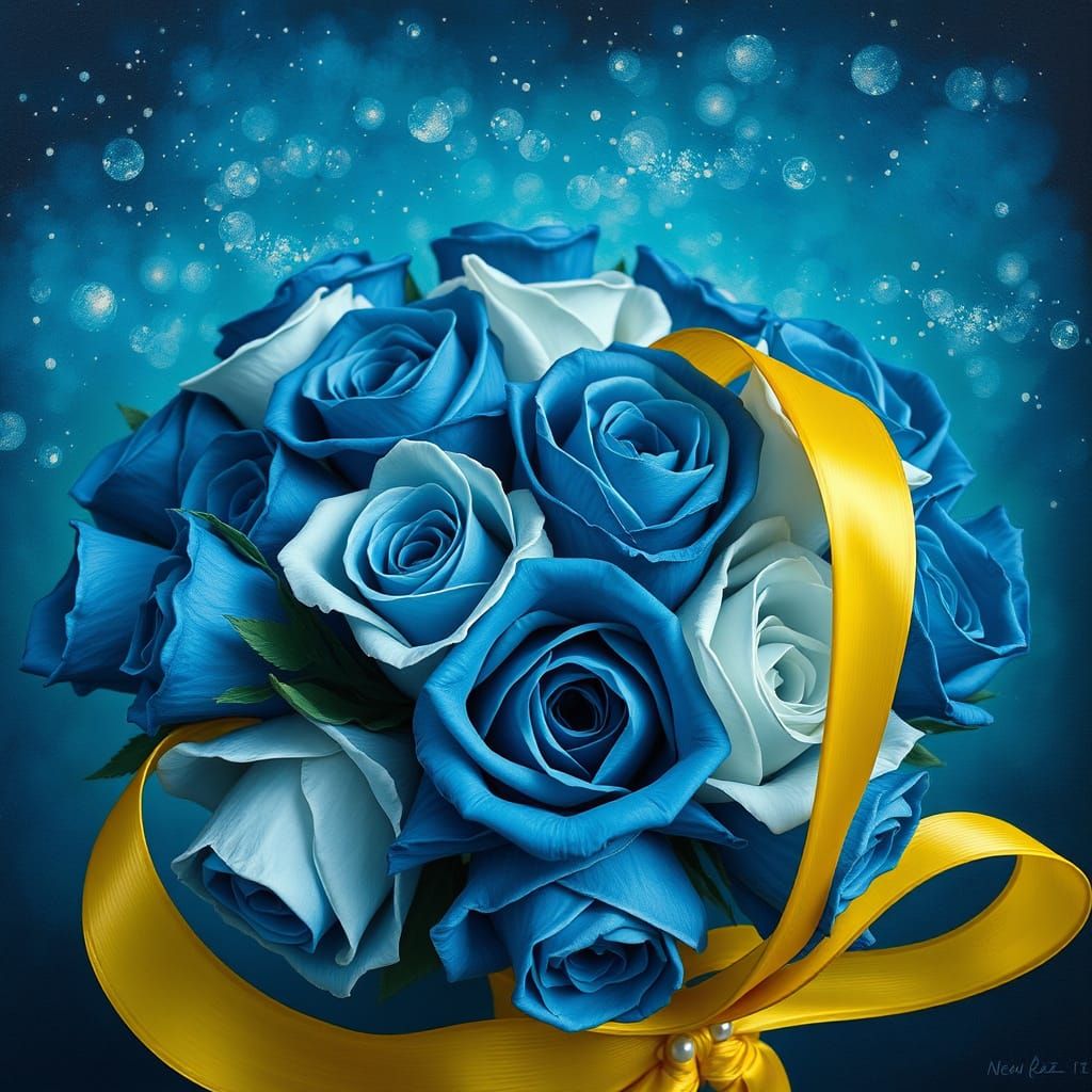 Delicate Blue Roses in a Starry Turquoise Night Sky