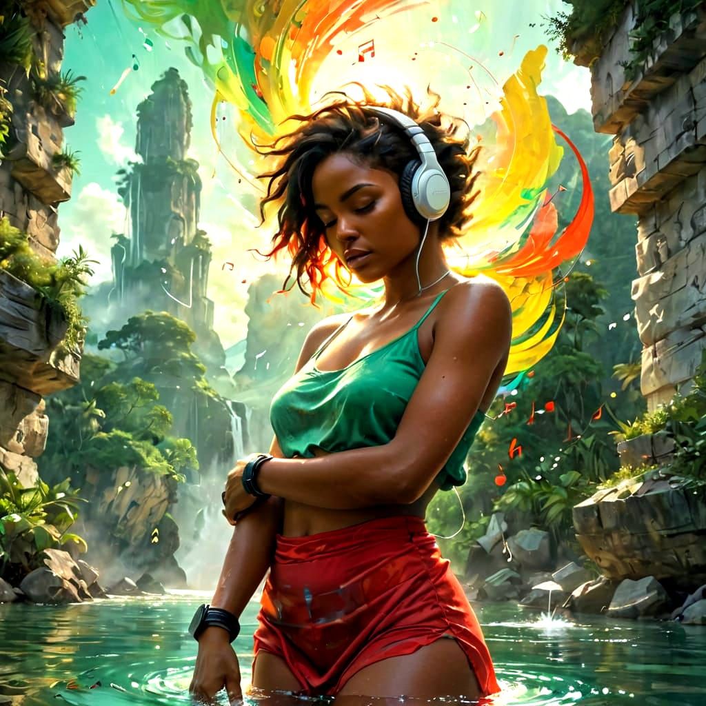 Surreal Caribbean Woman in Musical Harmony