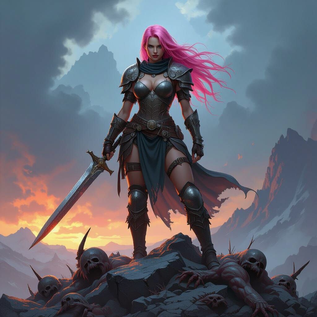 Victorious Pink-Haired Heroine in Dark Fantasy Style