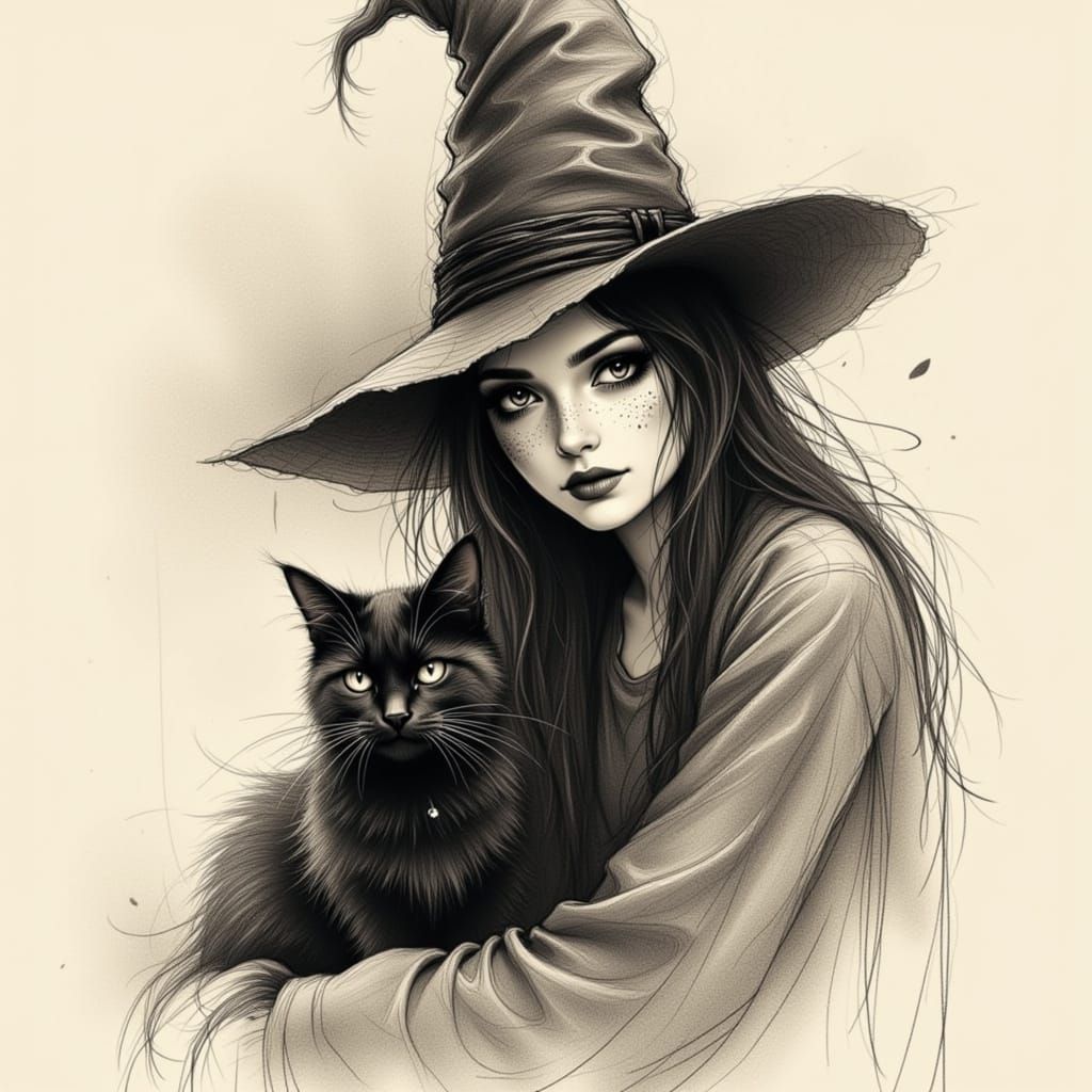 Gritty Pencil Sketch of a Witch and Her Cat