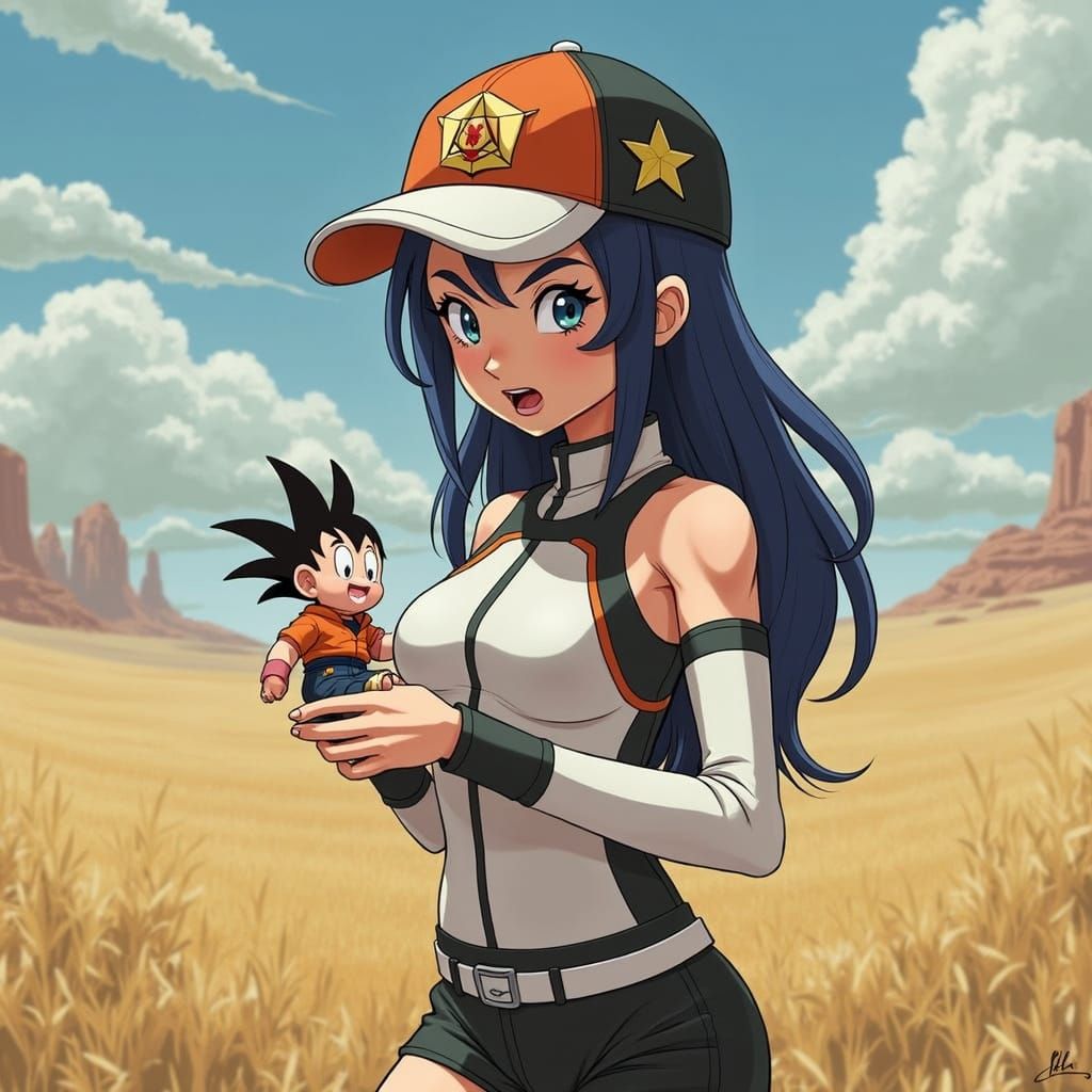 Giantess Cynthia Grips Shrunken Goku in Peril
